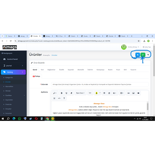 OpenCart yönetici panelindeki Uygula butonu